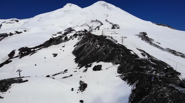 Snowcapped mount elbrus aerial view with cable car
