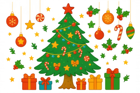 Christmas tree and festive decorations set featuring ornaments, gifts, holly, and stars, transparent