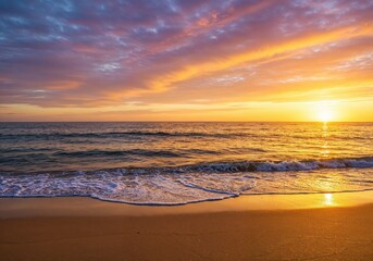 Obraz premium Golden Coast: A vibrant sunrise paints the sky above the serene ocean. Witness the stunning transition of colors as the sun ascends, creating a breathtaking coastal vista.