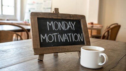 Wooden chalkboard easel with Monday motivation message and coffee cup