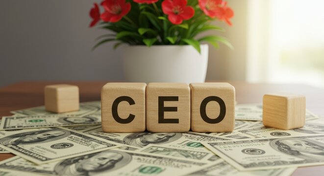 Wooden CEO letters sitting on US dollar bills near a potted plant