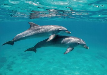 Fototapeta premium Dolphins in Aquatic Realm: Two playful dolphins swim gracefully in the depths of the crystal-clear ocean, showcasing their sleek forms and the serene beauty of marine life.