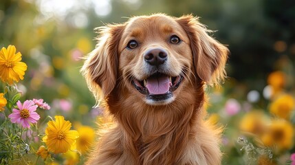 Happy Golden Retriever in a Field of Colorful Flowers