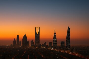 Fototapeta premium Golden hour cityscape of Riyadh skyline with glowing horizon and deep blue twilight sky