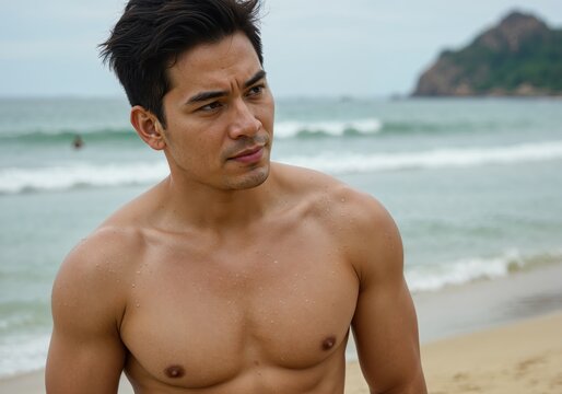 Serene Beach Scene: A shirtless man gazes pensively, his toned physique and intriguing gaze evoke a sense of introspective calm against the backdrop of an ocean beach scene.