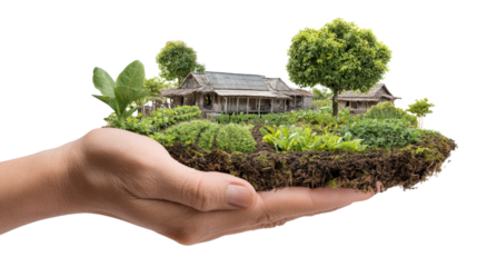 Sustainable Living Photography: Photography capturing sustainable living practices like organic farming and eco-friendly architecture, isolated on a Transparent background, PNG file.