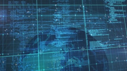 Dark blue grid starting while 3D globe emerging and rotating with code scrolling for data analytics - Powered by Adobe