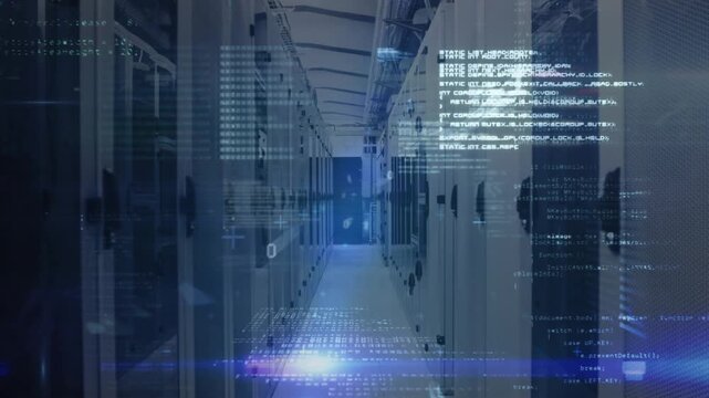 Code appearing in server corridor, drifting, lens flare and beam scanning visualizing data flow