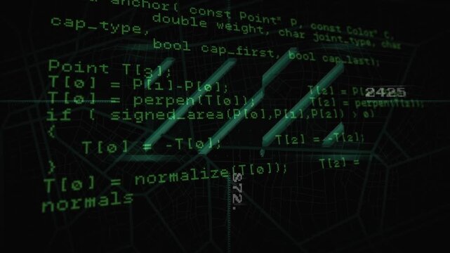 Dark green grid fading initiating code clustering center, bars sliding diagonally showing data flow