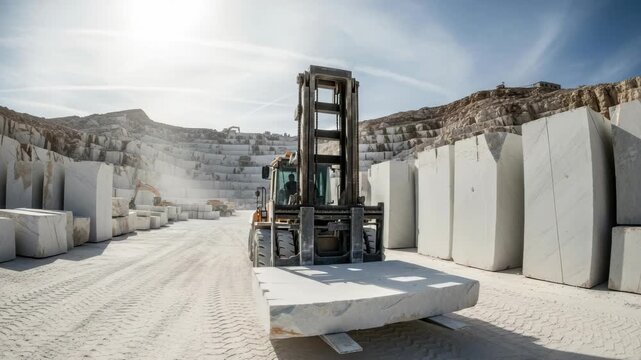 forklift transports huge white stone block across sunlit marble quarry Massive cut blocks are stacked with terraced quarry walls and machinery visible under bright blue sky