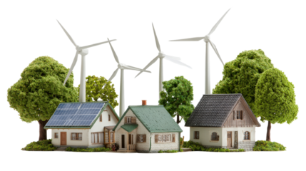 Sustainable Living Photography: Photography showcasing sustainable living practices like green energy and eco-friendly homes, isolated on a Transparent background, PNG file.