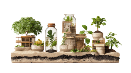 Sustainable Living Photography: Photography showcasing sustainable living practices like organic farming and eco-friendly architecture, isolated on a Transparent background, PNG file.