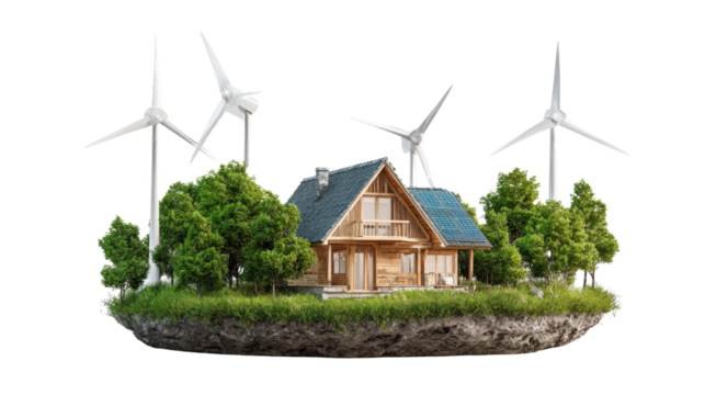 Sustainable Living Photography: Photography showcasing sustainable living practices like green energy and eco-friendly homes, isolated on a Transparent background, PNG file.