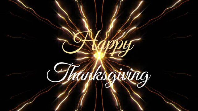 Spark appearing center sending tendrils pulsing outward Happy Thanksgiving text celebrating feast