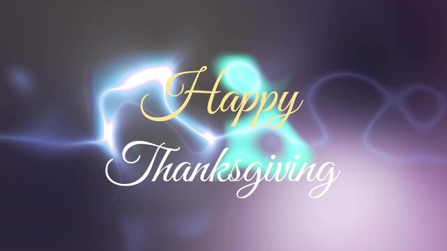 White-blue line arcing in morphing into waves circling Happy Thanksgiving to highlight greeting