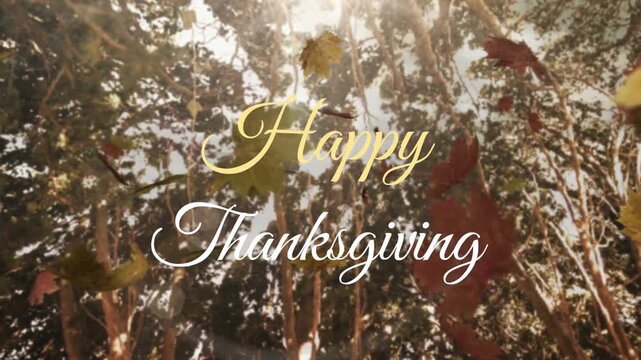 Sunlit canopy sending autumn leaves swirling past lens while Happy Thanksgiving text holding center