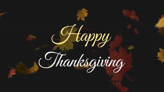 Greeting appearing causing leaves drifting from edges swirling around text creating festive effect