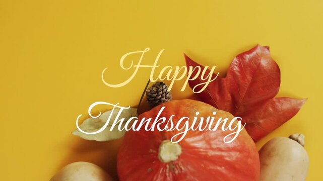 Frames displaying pumpkin with gourds leaf pine cone and Happy Thanksgiving text celebrating autumn