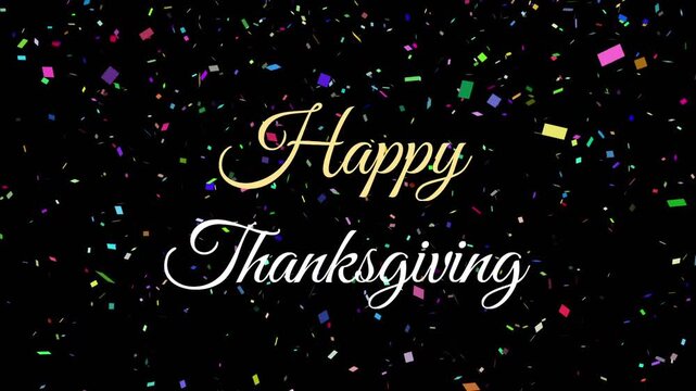 Script text fading in launching confetti drifting down and rotating beside text for Thanksgiving