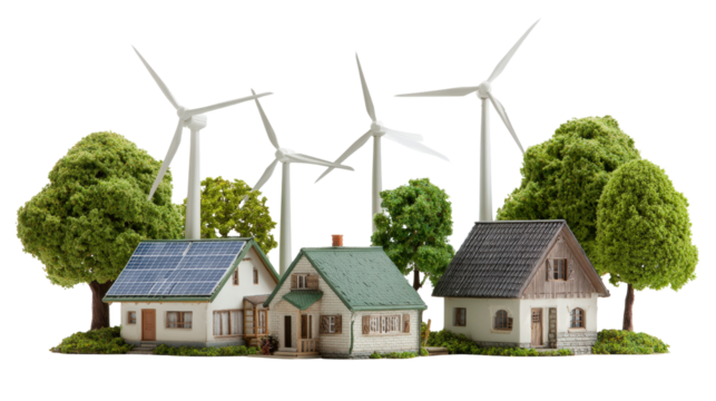 Sustainable Living Photography: Photography showcasing sustainable living practices like green energy and eco-friendly homes, isolated on a Transparent background, PNG file.