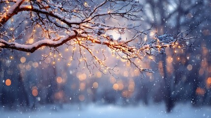 Snowy Winter Scene With Glowing Christmas Lights