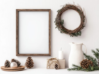 Blank rustic signboard with frosted window frame, pinecone, wreath, candle, pitcher, and festive decor create cozy winter atmosphere