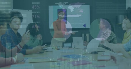 Presenter addressing team triggers business data overlays, passing chart, highlighting insights - Powered by Adobe