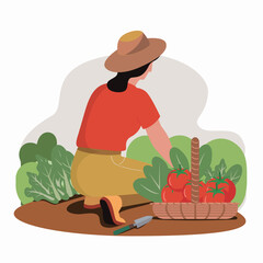 Minimalist Vector Illustration of Woman Harvesting Tomatoes