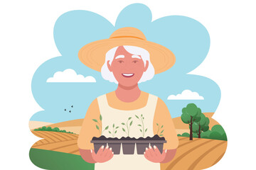 Minimalist Vector Illustration of Elderly Woman Farmer with Seedlings