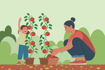 Minimalist Vector Illustration of Woman and Girl Harvesting Tomatoes