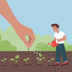 Minimalist Vector Illustration of Man Watering Seedlings