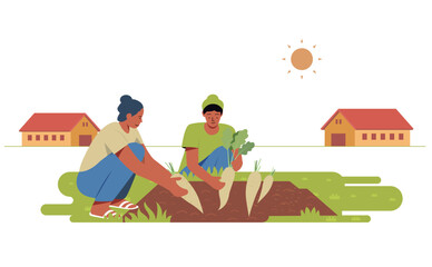 Minimalist Vector Illustration of People Harvesting Radishes