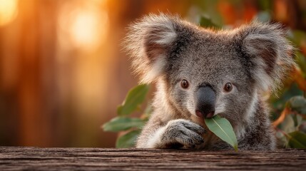 Obraz premium Adorable Koala Eating Leaf in Natural Setting with Warm Lighting and Soft Focus