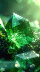 Radiant Emerald Crystal Formation on Mossy Surface in Sunlight