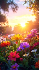 Radiant Floral Meadow at Sunset with Colorful Blossoms and Bokeh Details Warm Sunlight Filtered Through Trees for A Dreamy Summer Ambience