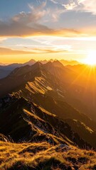 Radiant Mountain Ridge at Sunset with Golden Light and Hazy Sky Panorama