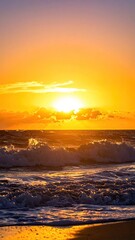 Radiant Orange Sunset over Wavy Ocean with Reflection in Dramatic Cinematic Lighting on Sandy Beach