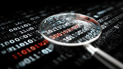 Magnifying Glass Reveals Red Binary Code on Screen: Cybersecurity Investigation, Data Analysis Concept