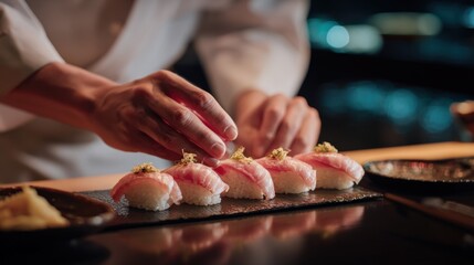 Obraz premium Chef skillfully prepares and plates exquisite nigiri sushi, showcasing culinary precision and artistic presentation in a fine dining setting