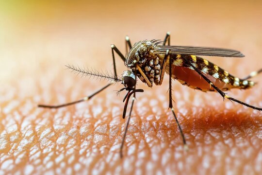 Close-up of Mosquito Feeding on Human Skin Macro Photography