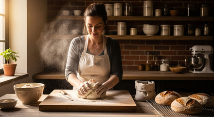 A woman is kneading dough in a rustic kitchen, preparing homemade bread with flour dusting the air, showcasing a cozy and traditional baking scene