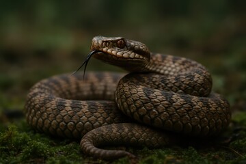 Obraz premium Coiled viper on mossy rock with raised head and detailed scales in soft light