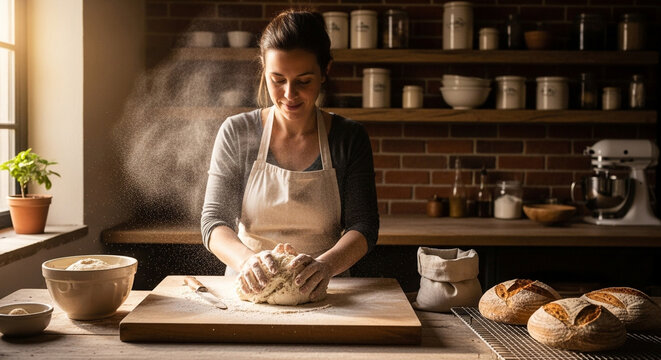 A woman is kneading dough in a rustic kitchen, preparing homemade bread with flour dusting the air, showcasing a cozy and traditional baking scene
