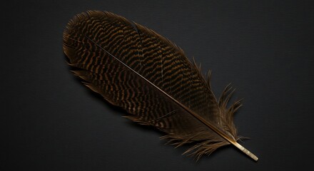 Detailed brown feather on dark background studio shot copy space