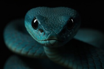 Fototapeta premium Electric blue viper closeup face with piercing eyes and detailed scales on dark