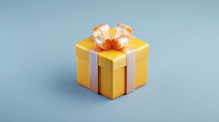 Obraz premium Yellow Gift Box with Ribbon on Blue Background, Festive Present for Celebration