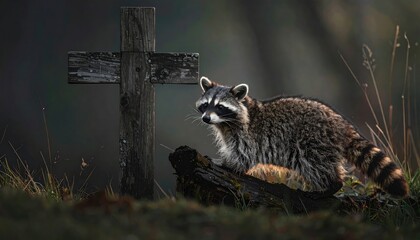 Raccoon Resting Near Wooden Cross Grave With Defect in Dark Forest in Cinematic Natural Detail With Lush Greenery And Moody Lighting