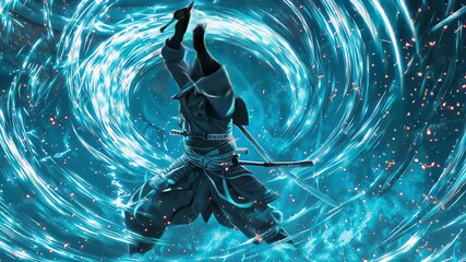 Samurai warrior carves arcs inside roaring vortex, water samurai focus sharpens as lightning frames water samurai stance and swirling spray feeds fearless water samurai spirit. Concept elemental duel