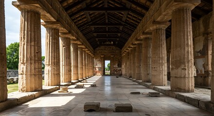 Ancient colonnade with weathered columns and open passage daytime scene