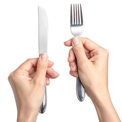 Two hands holding a knife and fork